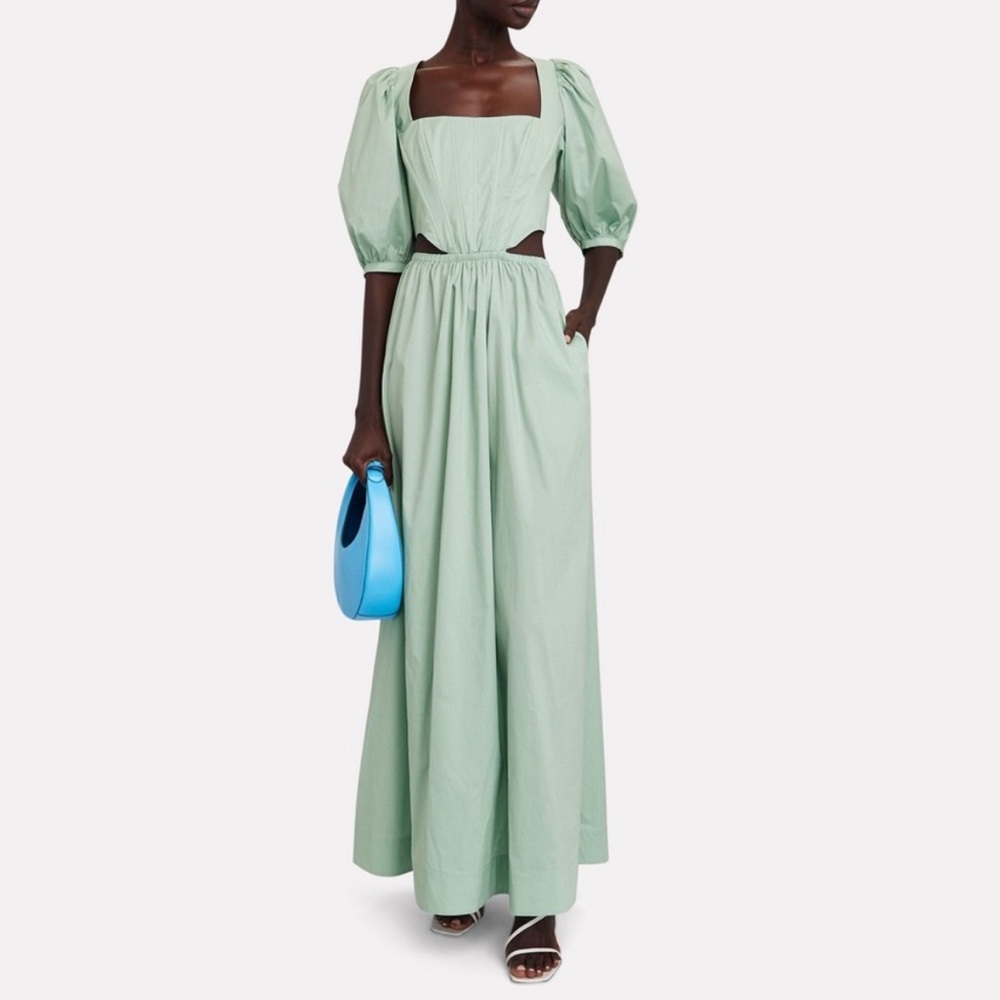 NWT Staud Mint Green Maxi Dress with Puff Sleeves and Cutouts